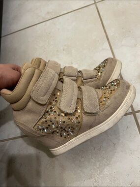 Aldo Beige Suede High-Top Sneakers with Rhinestones